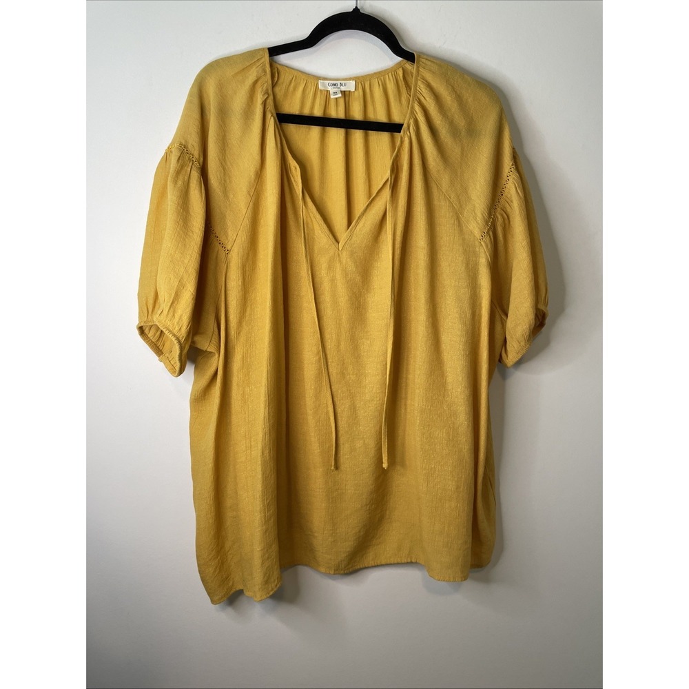 Como Blu Women's 3X Mustard Yellow Tie‎ Neck Tunic Top Boho Blouse